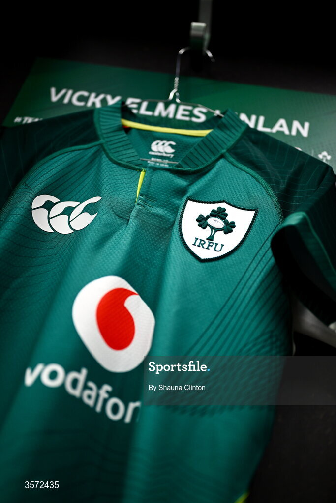 20 September 2026; The jersey of Vicky Elmes Kinlan of Ireland is seen hanging in the dressing room ahead of the WXV Global Series match between Ireland and USA at Tallaght Stadium in Dublin. Photo by Shauna Clinton/Sportsfile