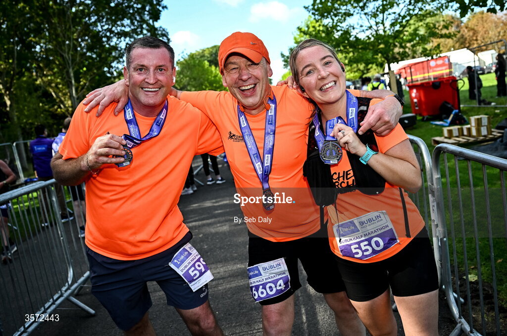 20 September 2026; Jonathan Herbert from Dublin, left, Clive Lynch from Dublin, centre, and Elizabeth Mc Gee from Dublin pictured during the 2026 Irish Life Dublin Half Marathon, which took place on Sunday 20th September in Phoenix Park, marking the final event of the 2026 Irish Life Dublin Race Series. Photo by Seb Daly/Sportsfile