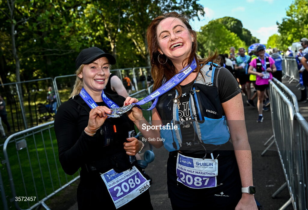 20 September 2026; Donna Fagan from Dublin, left, and Joanna Delaney from Dublin pictured during the 2026 Irish Life Dublin Half Marathon, which took place on Sunday 20th September in Phoenix Park, marking the final event of the 2026 Irish Life Dublin Race Series. Photo by Seb Daly/Sportsfile