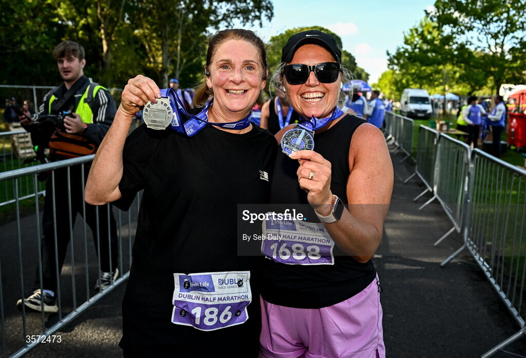 20 September 2026; Patricia Nevin from Louth, left, and Sharon Tolan from Meath pictured during the 2026 Irish Life Dublin Half Marathon, which took place on Sunday 20th September in Phoenix Park, marking the final event of the 2026 Irish Life Dublin Race Series. Photo by Seb Daly/Sportsfile