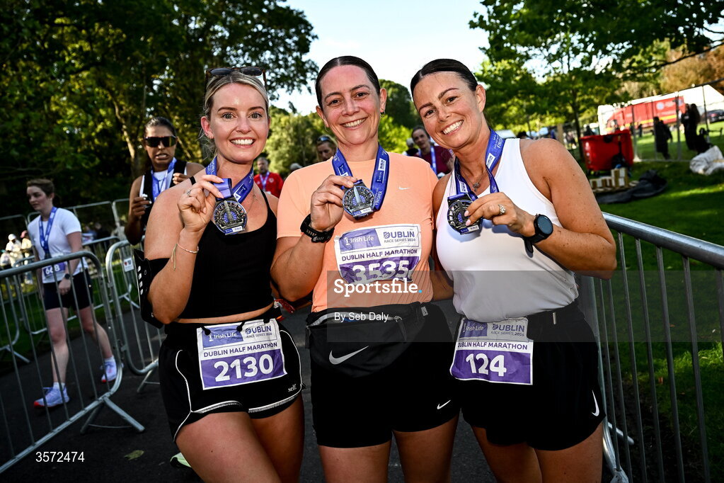 20 September 2026; Amy O Hanlon from Dublin, left, Katie Burdock, centre, and Laura O Brien from Dublin pictured during the 2026 Irish Life Dublin Half Marathon, which took place on Sunday 20th September in Phoenix Park, marking the final event of the 2026 Irish Life Dublin Race Series. Photo by Seb Daly/Sportsfile