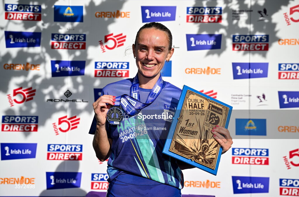20 September 2026; Women's winner Meghan Ryan from Dublin after the 2026 Irish Life Dublin Half Marathon, which took place on Sunday 20th September in Phoenix Park, marking the final event of the 2026 Irish Life Dublin Race Series. Photo by Sam Barnes/Sportsfile
