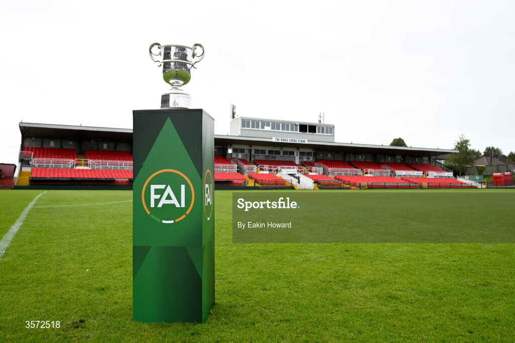 20 September 2026; The trophy is seen before the 2026 FAI Intermediate Cup Final between Cobh Wanderers and St Mary's at Munster FA Turners Cross Stadium in Cork. Photo by Eakin Howard/Sportsfile