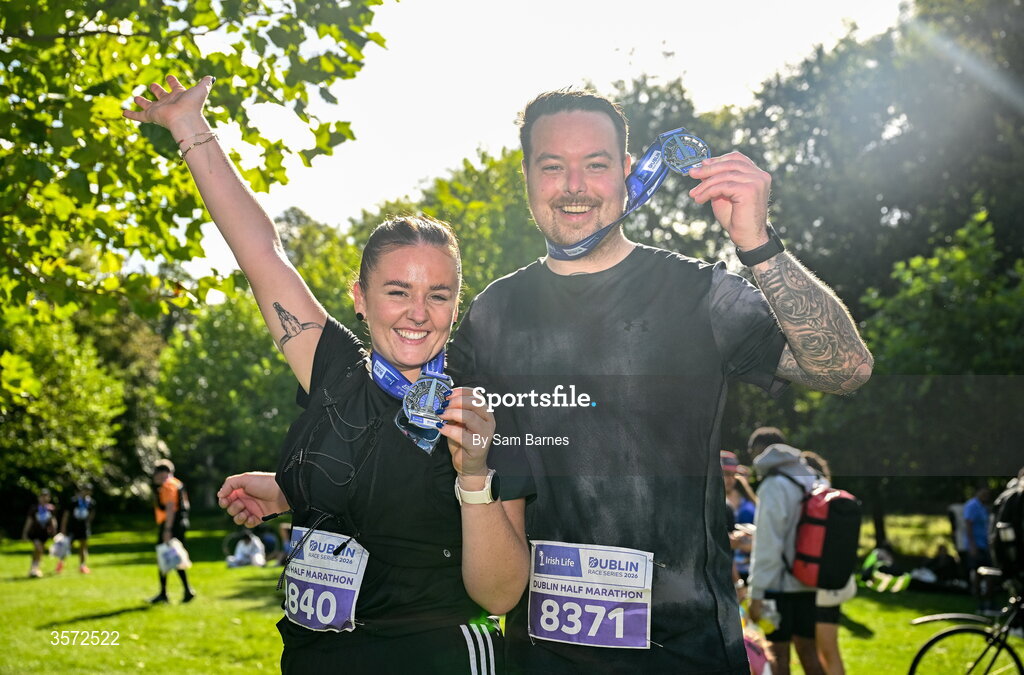 20 September 2026; Caoimhe Byrne from Wexford, left, and Lee Mordaunt from Wexford pictured during the 2026 Irish Life Dublin Half Marathon, which took place on Sunday 20th September in Phoenix Park, marking the final event of the 2026 Irish Life Dublin Race Series. Photo by Sam Barnes/Sportsfile