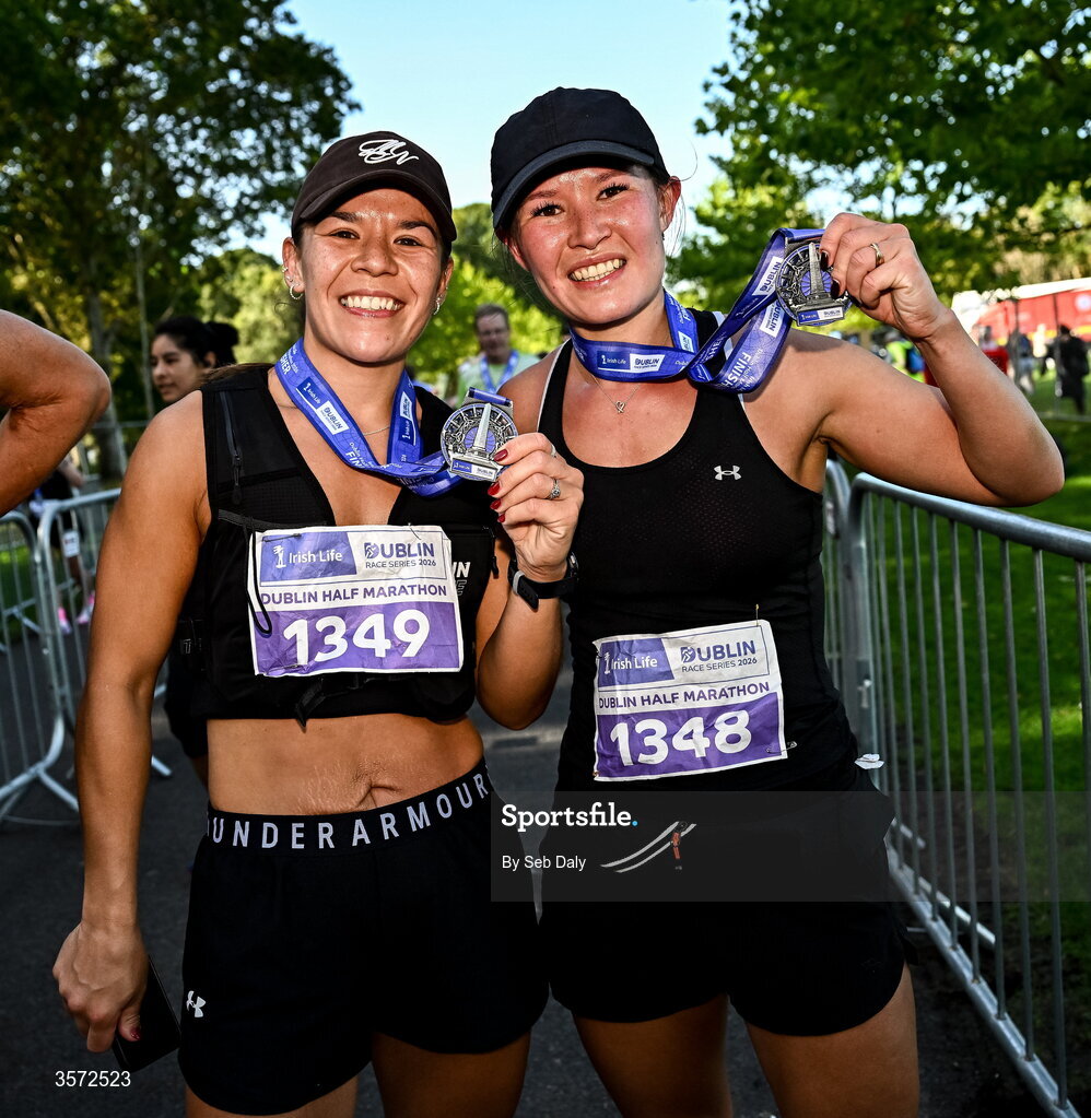 20 September 2026; Amber Lam from Monaghan, left, and Kelsey Lam from Monaghan pictured during the 2026 Irish Life Dublin Half Marathon, which took place on Sunday 20th September in Phoenix Park, marking the final event of the 2026 Irish Life Dublin Race Series. Photo by Seb Daly/Sportsfile