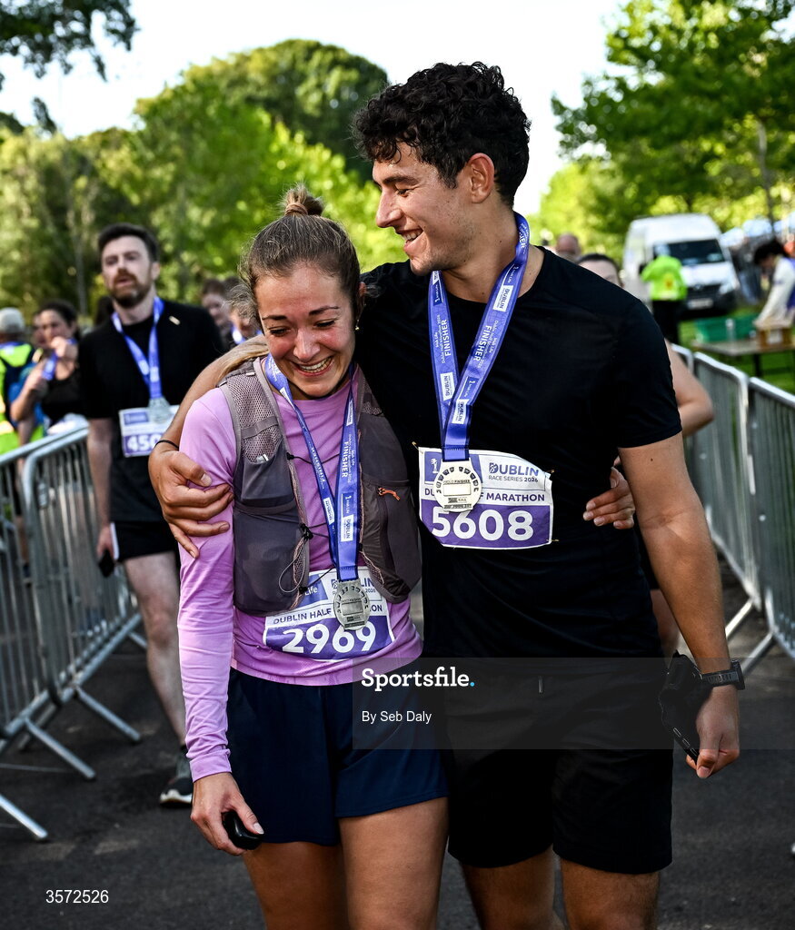 20 September 2026; Marine Frimaudeau from Dublin, left, and Romain Fraisse from Dublin pictured during the 2026 Irish Life Dublin Half Marathon, which took place on Sunday 20th September in Phoenix Park, marking the final event of the 2026 Irish Life Dublin Race Series. Photo by Seb Daly/Sportsfile