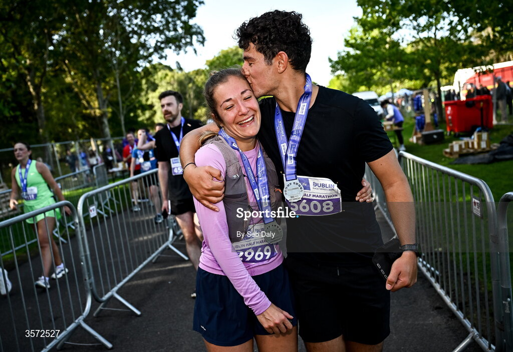 20 September 2026; Marine Frimaudeau from Dublin, left, and Romain Fraisse from Dublin pictured during the 2026 Irish Life Dublin Half Marathon, which took place on Sunday 20th September in Phoenix Park, marking the final event of the 2026 Irish Life Dublin Race Series. Photo by Seb Daly/Sportsfile