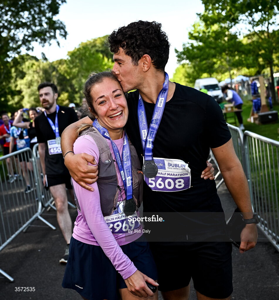 20 September 2026; Marine Frimaudeau from Dublin, left, and Romain Fraisse from Dublin pictured during the 2026 Irish Life Dublin Half Marathon, which took place on Sunday 20th September in Phoenix Park, marking the final event of the 2026 Irish Life Dublin Race Series. Photo by Seb Daly/Sportsfile