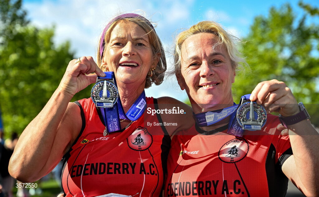 20 September 2026; Therese Cullen, left, and Edel Farrell, both from Edenderry AC, pictured during the 2026 Irish Life Dublin Half Marathon, which took place on Sunday 20th September in Phoenix Park, marking the final event of the 2026 Irish Life Dublin Race Series. Photo by Sam Barnes/Sportsfile