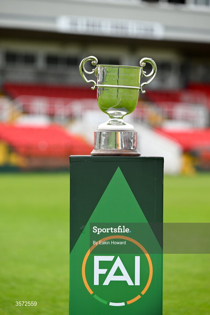 20 September 2026; The trophy is seen before the 2026 FAI Intermediate Cup Final between Cobh Wanderers and St Mary's at Munster FA Turners Cross Stadium in Cork. Photo by Eakin Howard/Sportsfile