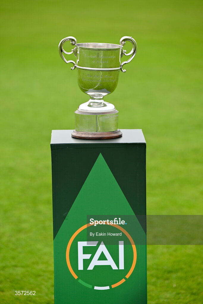 20 September 2026; The trophy is seen before the 2026 FAI Intermediate Cup Final between Cobh Wanderers and St Mary's at Munster FA Turners Cross Stadium in Cork. Photo by Eakin Howard/Sportsfile