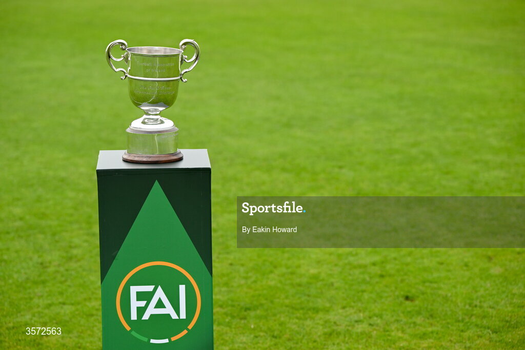 20 September 2026; The trophy is seen before the 2026 FAI Intermediate Cup Final between Cobh Wanderers and St Mary's at Munster FA Turners Cross Stadium in Cork. Photo by Eakin Howard/Sportsfile