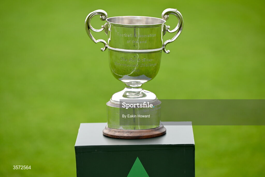 20 September 2026; The trophy is seen before the 2026 FAI Intermediate Cup Final between Cobh Wanderers and St Mary's at Munster FA Turners Cross Stadium in Cork. Photo by Eakin Howard/Sportsfile
