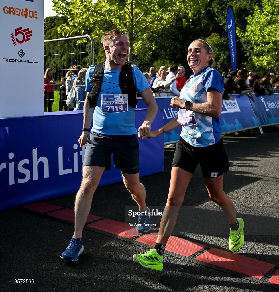20 September 2026; David Bergin from Dublin, left, and Tara Reynolds from Dublin pictured during the 2026 Irish Life Dublin Half Marathon, which took place on Sunday 20th September in Phoenix Park, marking the final event of the 2026 Irish Life Dublin Race Series. Photo by Sam Barnes/Sportsfile