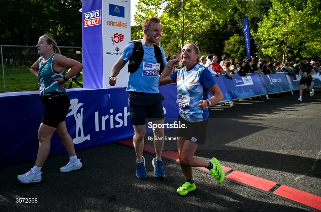 20 September 2026; David Bergin from Dublin, left, and Tara Reynolds from Dublin pictured during the 2026 Irish Life Dublin Half Marathon, which took place on Sunday 20th September in Phoenix Park, marking the final event of the 2026 Irish Life Dublin Race Series. Photo by Sam Barnes/Sportsfile