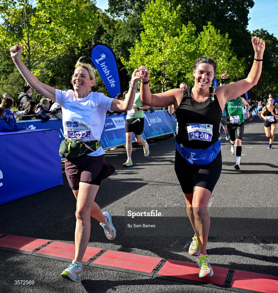 20 September 2026; Jennie Williams from United Kingdom, left, and Katie Fitton from United Kingdom pictured during the 2026 Irish Life Dublin Half Marathon, which took place on Sunday 20th September in Phoenix Park, marking the final event of the 2026 Irish Life Dublin Race Series. Photo by Sam Barnes/Sportsfile