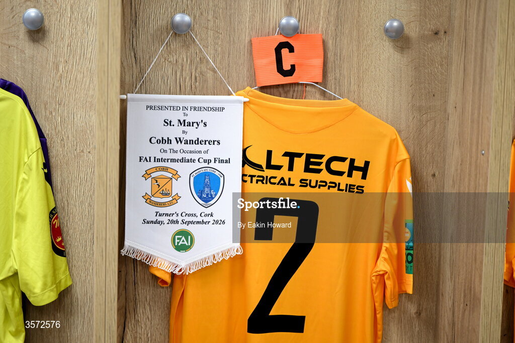 20 September 2026; Jerseys of Cobh Wanderers are seen in the locker room before the 2026 FAI Intermediate Cup Final between Cobh Wanderers and St Mary's at Munster FA Turners Cross Stadium in Cork. Photo by Eakin Howard/Sportsfile