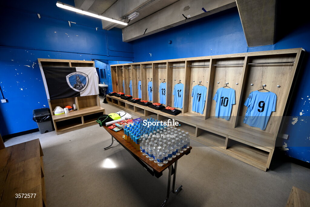 20 September 2026; Jerseys of St Mary's AFC are seen in the locker room before before the 2026 FAI Intermediate Cup Final between Cobh Wanderers and St Mary's at Munster FA Turners Cross Stadium in Cork. Photo by Eakin Howard/Sportsfile