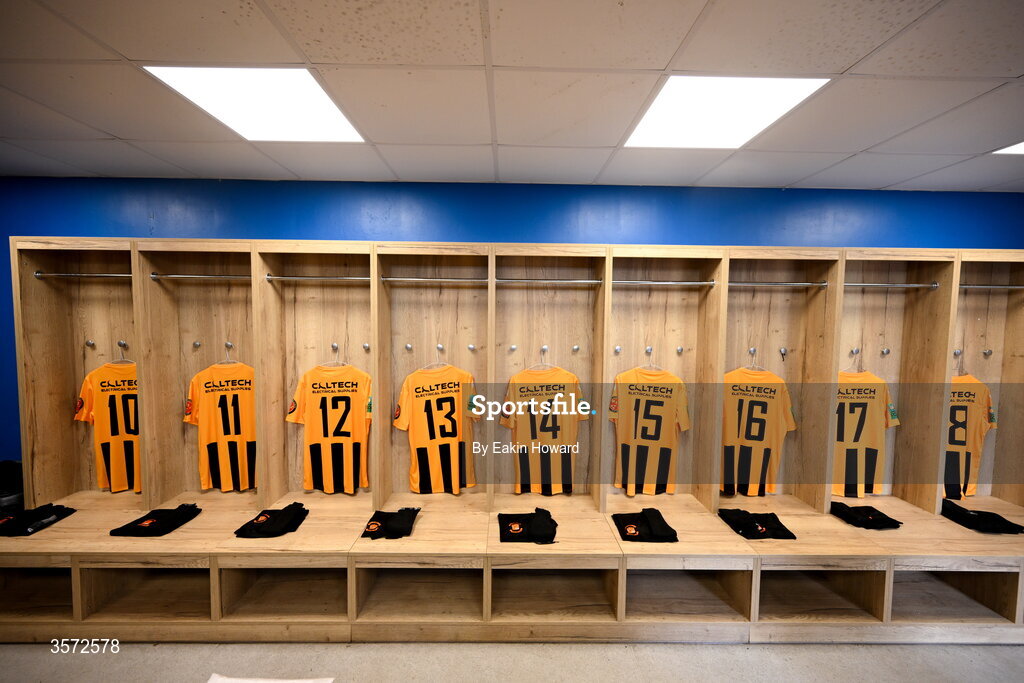 20 September 2026; Jerseys of Cobh Wanderers are seen in the locker room before the 2026 FAI Intermediate Cup Final between Cobh Wanderers and St Mary's at Munster FA Turners Cross Stadium in Cork. Photo by Eakin Howard/Sportsfile
