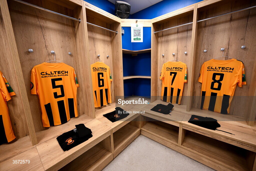 20 September 2026; Jerseys of Cobh Wanderers are seen in the locker room before the 2026 FAI Intermediate Cup Final between Cobh Wanderers and St Mary's at Munster FA Turners Cross Stadium in Cork. Photo by Eakin Howard/Sportsfile