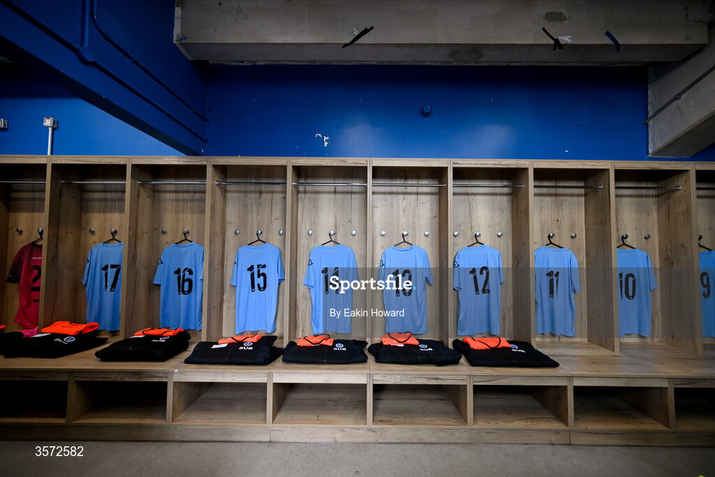 20 September 2026; Jerseys of St Mary's AFC are seen in the locker room before before the 2026 FAI Intermediate Cup Final between Cobh Wanderers and St Mary's at Munster FA Turners Cross Stadium in Cork. Photo by Eakin Howard/Sportsfile