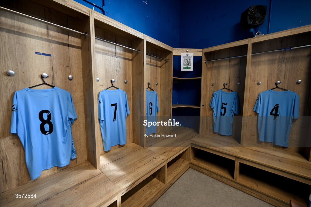 20 September 2026; Jerseys of St Mary's AFC are seen in the locker room before before the 2026 FAI Intermediate Cup Final between Cobh Wanderers and St Mary's at Munster FA Turners Cross Stadium in Cork. Photo by Eakin Howard/Sportsfile