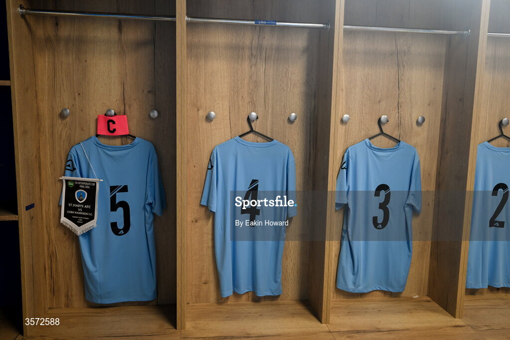 20 September 2026; Jerseys of St Mary's AFC are seen in the locker room before before the 2026 FAI Intermediate Cup Final between Cobh Wanderers and St Mary's at Munster FA Turners Cross Stadium in Cork. Photo by Eakin Howard/Sportsfile