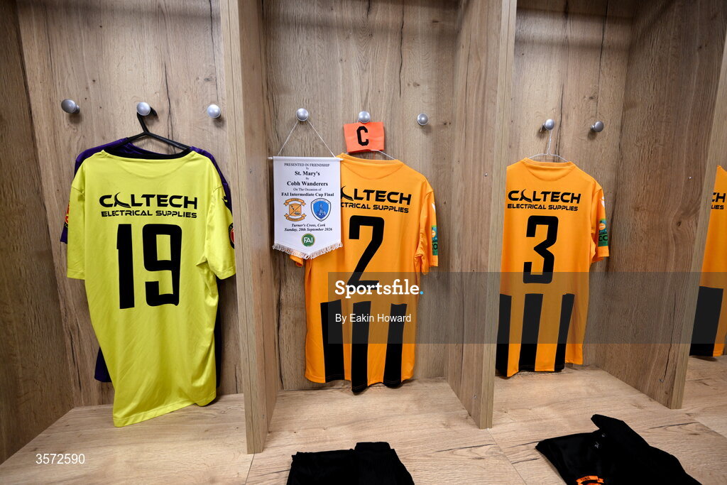 20 September 2026; Jerseys of Cobh Wanderers are seen in the locker room before the 2026 FAI Intermediate Cup Final between Cobh Wanderers and St Mary's at Munster FA Turners Cross Stadium in Cork. Photo by Eakin Howard/Sportsfile