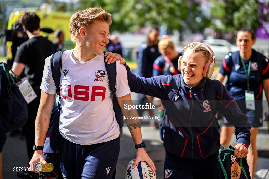 20 September 2026; USA players arrive for the WXV Global Series match between Ireland and USA at Tallaght Stadium in Dublin. Photo by Stephen McCarthy/Sportsfile