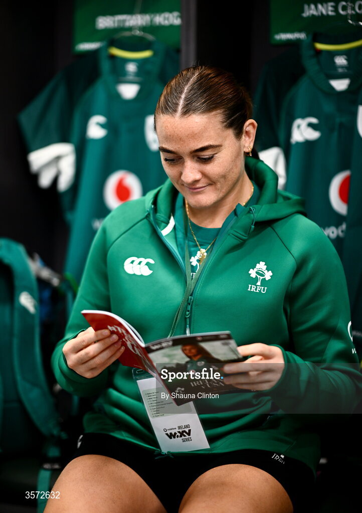 20 September 2026; Jane Clohessy of Ireland in the dressing-room after arriving to the WXV Global Series match between Ireland and USA at Tallaght Stadium in Dublin. Photo by Shauna Clinton/Sportsfile