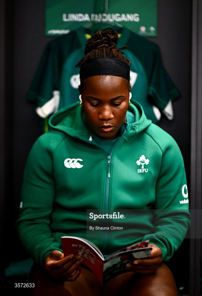 20 September 2026; Linda Djougang of Ireland in the dressing-room after arriving to the WXV Global Series match between Ireland and USA at Tallaght Stadium in Dublin. Photo by Shauna Clinton/Sportsfile