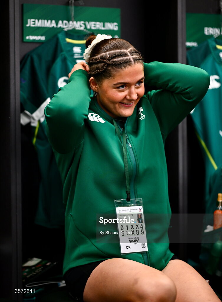 20 September 2026; Jemima Adams Verling of Ireland in the dressing-room after arriving to the WXV Global Series match between Ireland and USA at Tallaght Stadium in Dublin. Photo by Shauna Clinton/Sportsfile
