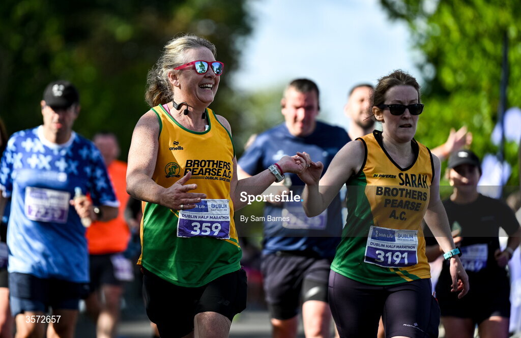 20 September 2026; Clare Mc Clean from Dublin, left, and Sarah Creedon from Dublin pictured during the 2026 Irish Life Dublin Half Marathon, which took place on Sunday 20th September in Phoenix Park, marking the final event of the 2026 Irish Life Dublin Race Series. Photo by Sam Barnes/Sportsfile
