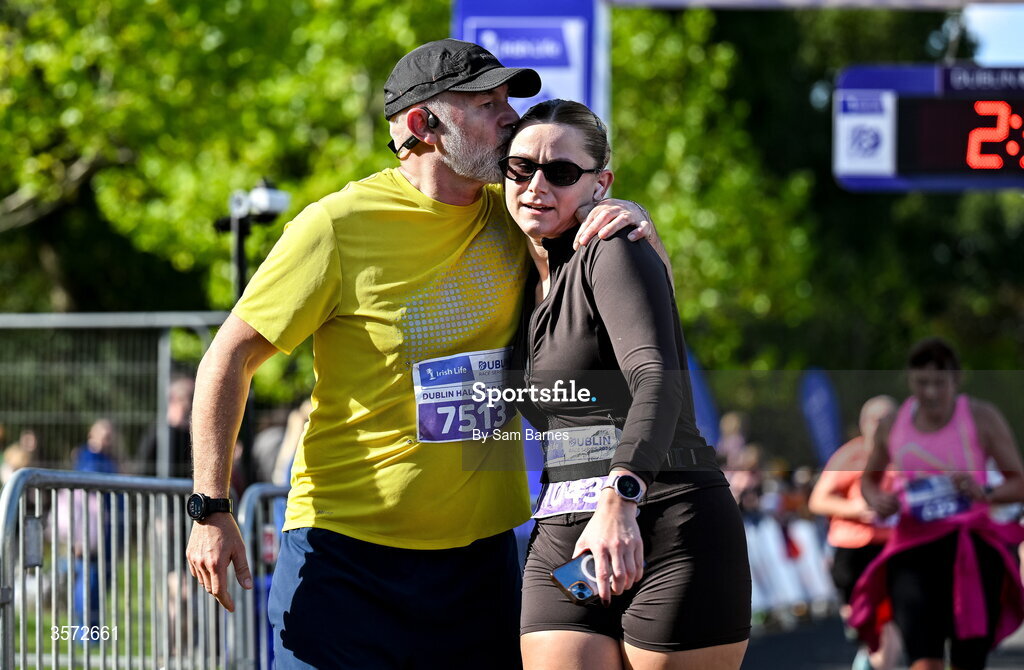 20 September 2026; Eric Quigley from Kildare, left, and Caoimhe Quigley from Kildare pictured during the 2026 Irish Life Dublin Half Marathon, which took place on Sunday 20th September in Phoenix Park, marking the final event of the 2026 Irish Life Dublin Race Series. Photo by Sam Barnes/Sportsfile
