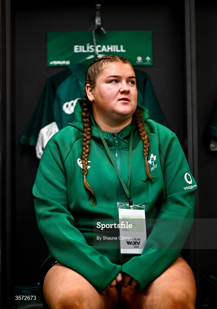 20 September 2026; Eilís Cahill of Ireland in the dressing-room after arriving to the WXV Global Series match between Ireland and USA at Tallaght Stadium in Dublin. Photo by Shauna Clinton/Sportsfile