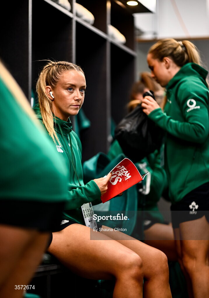20 September 2026; Stacey Flood of Ireland in the dressing-room after arriving to the WXV Global Series match between Ireland and USA at Tallaght Stadium in Dublin. Photo by Shauna Clinton/Sportsfile