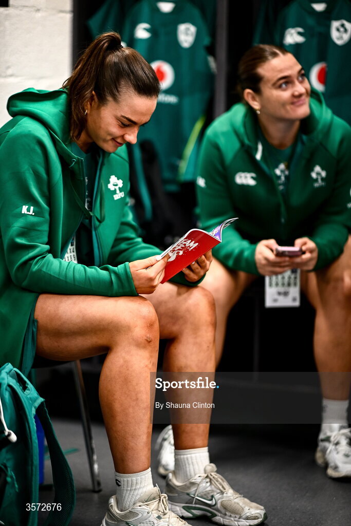20 September 2026; Kate Jordan, left, and Jane Clohessy of Ireland in the dressing-room after arriving to the WXV Global Series match between Ireland and USA at Tallaght Stadium in Dublin. Photo by Shauna Clinton/Sportsfile