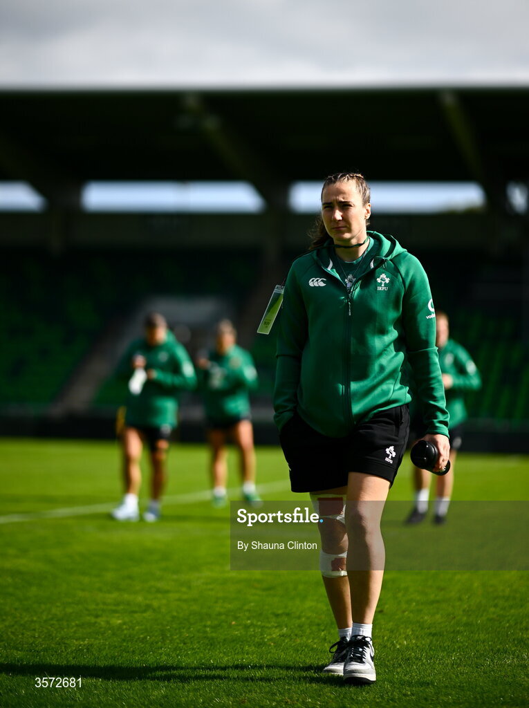 20 September 2026; Eve Higgins of Ireland walks the pitch ahead of the WXV Global Series match between Ireland and USA at Tallaght Stadium in Dublin. Photo by Shauna Clinton/Sportsfile