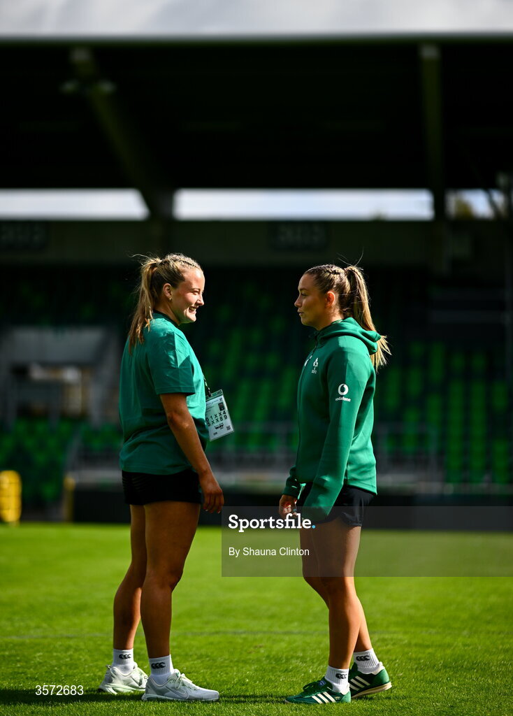 20 September 2026; Fiona Tuite-O'Sullivan, left, and Stacey Flood of Ireland walk the pitch ahead of the WXV Global Series match between Ireland and USA at Tallaght Stadium in Dublin. Photo by Shauna Clinton/Sportsfile