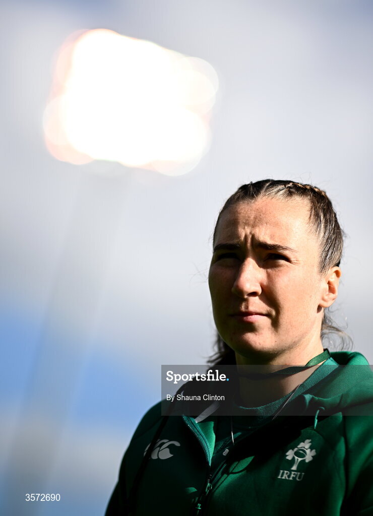 20 September 2026; Eve Higgins of Ireland walks the pitch ahead of the WXV Global Series match between Ireland and USA at Tallaght Stadium in Dublin. Photo by Shauna Clinton/Sportsfile