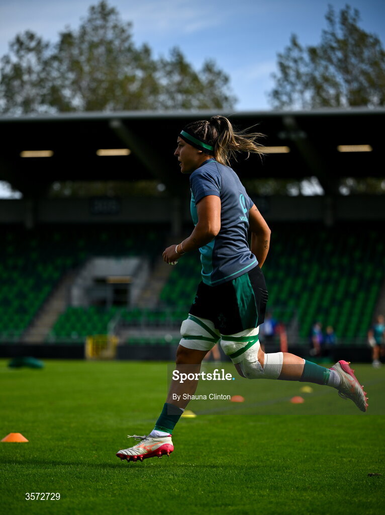 20 September 2026; Ireland captain Erin King warms-up before the WXV Global Series match between Ireland and USA at Tallaght Stadium in Dublin. Photo by Shauna Clinton/Sportsfile
