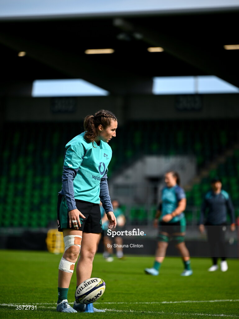20 September 2026; Eve Higgins of Ireland warms-up before the WXV Global Series match between Ireland and USA at Tallaght Stadium in Dublin. Photo by Shauna Clinton/Sportsfile