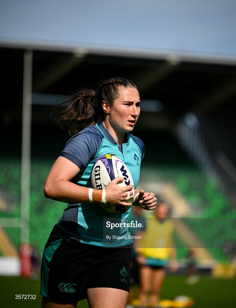 20 September 2026; Eve Higgins of Ireland warms-up before the WXV Global Series match between Ireland and USA at Tallaght Stadium in Dublin. Photo by Shauna Clinton/Sportsfile
