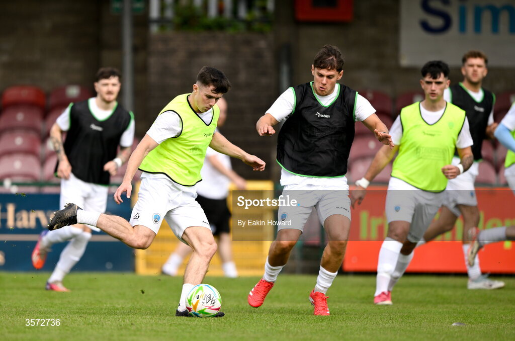 20 September 2026; St Mary's AFC players warm up before the 2026 FAI Intermediate Cup Final between Cobh Wanderers and St Mary's at Munster FA Turners Cross Stadium in Cork. Photo by Eakin Howard/Sportsfile