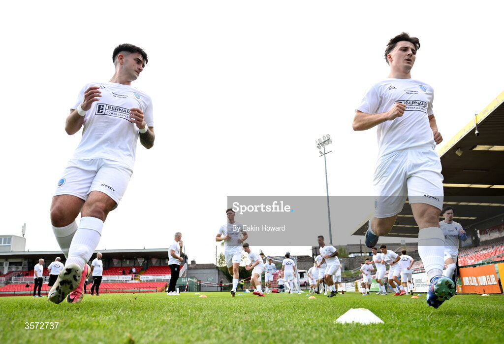 20 September 2026; St Mary's AFC players warm up before the 2026 FAI Intermediate Cup Final between Cobh Wanderers and St Mary's at Munster FA Turners Cross Stadium in Cork. Photo by Eakin Howard/Sportsfile