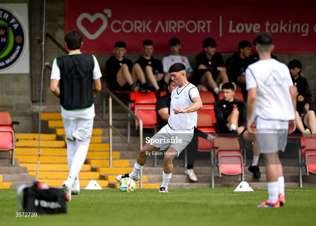 20 September 2026; St Mary's AFC players warm up before the 2026 FAI Intermediate Cup Final between Cobh Wanderers and St Mary's at Munster FA Turners Cross Stadium in Cork. Photo by Eakin Howard/Sportsfile
