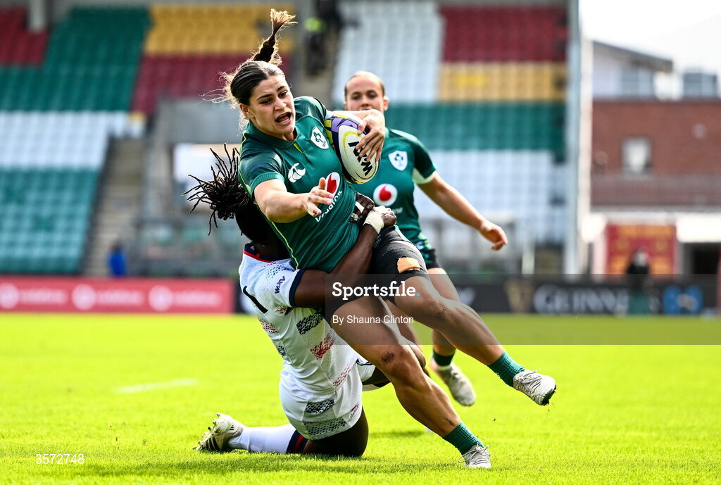 20 September 2026; Vicky Elmes Kinlan of Ireland is tackled by Erica Coulibaly of USA during the WXV Global Series match between Ireland and USA at Tallaght Stadium in Dublin. Photo by Shauna Clinton/Sportsfile