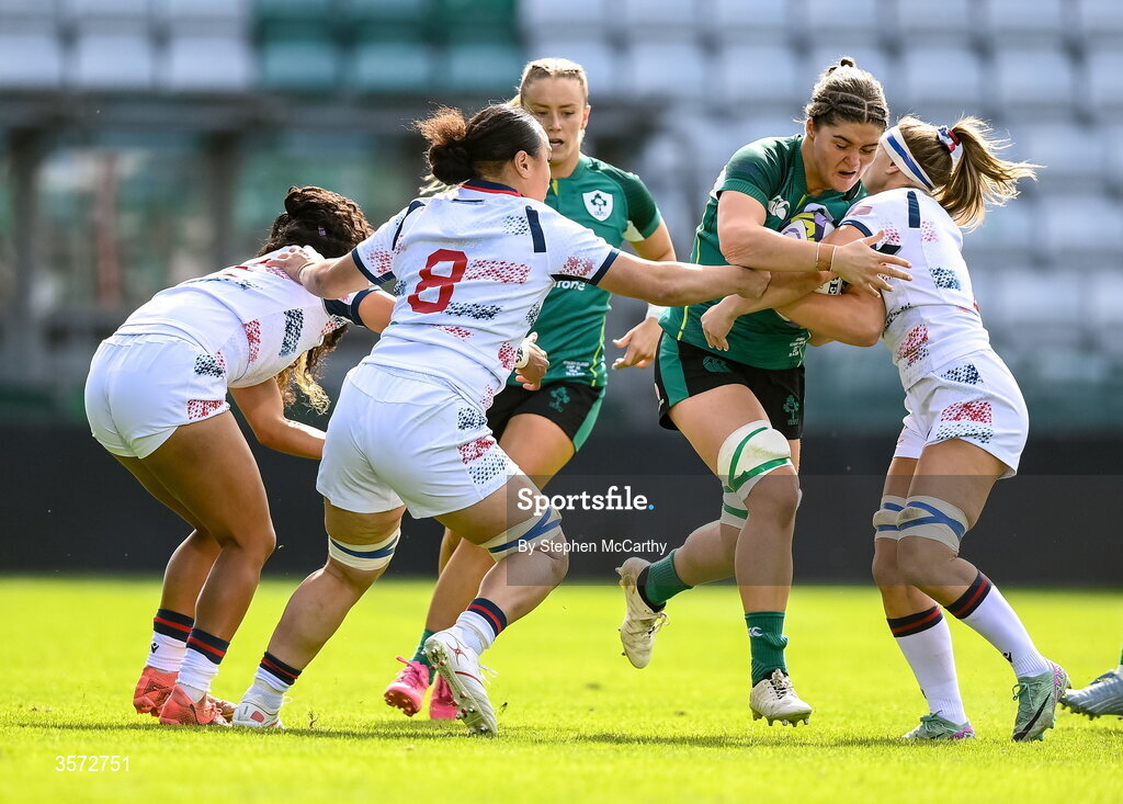 20 September 2026; Jemima Adams Verling of Ireland is tackled by Freda Tafuna and Georgie Perris-Redding of USA during the WXV Global Series match between Ireland and USA at Tallaght Stadium in Dublin. Photo by Stephen McCarthy/Sportsfile