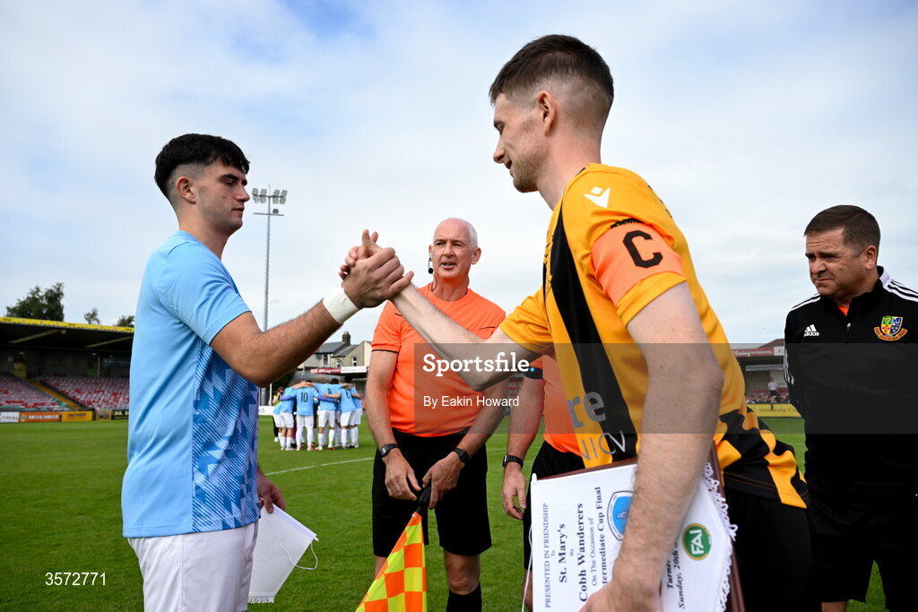 20 September 2026; Team captains Dan Ryan Fortune of St Mary's AFC and David Curran of Cobh Wanderers shake hands before the 2026 FAI Intermediate Cup Final between Cobh Wanderers and St Mary's at Munster FA Turners Cross Stadium in Cork. Photo by Eakin Howard/Sportsfile