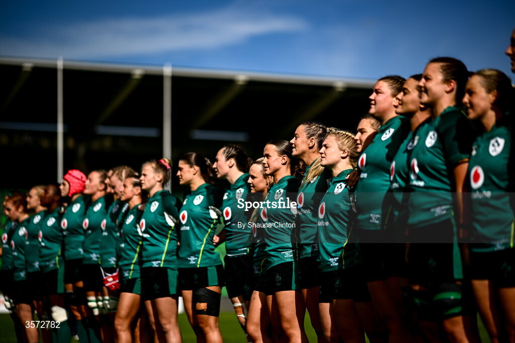 20 September 2026; Ireland players stand for the playing of the national anthems before the WXV Global Series match between Ireland and USA at Tallaght Stadium in Dublin. Photo by Shauna Clinton/Sportsfile